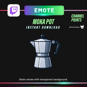 May include: Digital graphic of a silver Moka Pot, a type of stovetop espresso maker, on a black background. The image includes the text "MOKA POT INSTANT DOWNLOAD" and "EMOTE". The background is a colorful gradient.