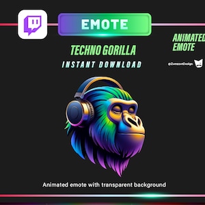 May include: Animated Twitch emote featuring a colorful, neon-green gorilla wearing headphones. The text "TECHNO GORILLA INSTANT DOWNLOAD" is displayed above the gorilla. The text "ANIMATED EMOTE" is displayed in the top right corner of the image.