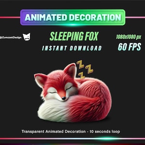 May include: Animated decoration of a sleeping red fox with white fur on its belly. The fox is curled up with its tail wrapped around its body. The animation is 10 seconds long and loops continuously. The image is 1080 pixels by 1080 pixels and is 60 frames per second.
