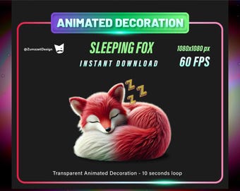 May include: Animated decoration of a sleeping red fox with white fur on its belly. The fox is curled up with its tail wrapped around its body. The animation is 10 seconds long and loops continuously. The image is 1080 pixels by 1080 pixels and is 60 frames per second.