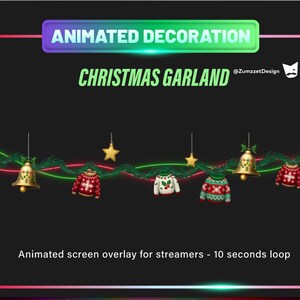 May include: Animated Christmas garland featuring red and green baubles, bells, and stars. The garland is set against a black background with the text "ANIMATED DECORATION CHRISTMAS GARLAND @ZumazetDesign" at the top.
