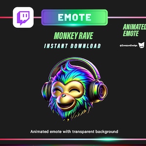 May include: Animated Twitch emote featuring a monkey wearing headphones with a rainbow iridescent color scheme. The text "MONKEY RAVE" and "INSTANT DOWNLOAD" is displayed on a black background. The emote is described as having a transparent background.