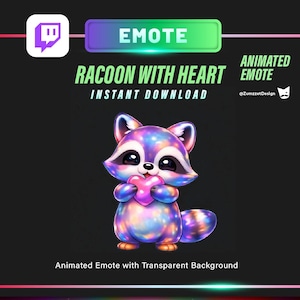 May include: Animated emote of a colourful raccoon holding a pink heart. The raccoon has a black mask and a fluffy tail. Text reads "Raccoon with Heart" and "Instant Download". The background is dark with a colourful gradient.
