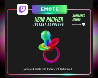 May include: A neon-colored pacifier design with a rainbow gradient, set against a dark background. The image includes the text "EMOTE", "NEON PACIFIER", and "INSTANT DOWNLOAD". The design is for an animated emote with a transparent background.