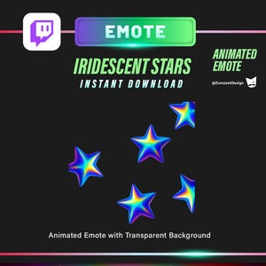 May include: Animated emote featuring iridescent stars with a transparent background. The stars have a vibrant, multi-coloured, holographic effect. The image includes the text "EMOTE", "IRIDESCENT STARS", and "INSTANT DOWNLOAD". A Twitch logo is in the upper left corner.