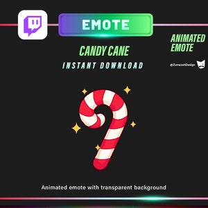 May include: Animated Twitch emote featuring a red and white candy cane with gold stars. The text "CANDY CANE" and "INSTANT DOWNLOAD" is displayed above the candy cane. The text "ANIMATED EMOTE" is displayed in the top right corner.