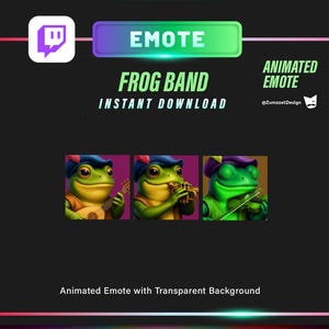 May include: Animated emote featuring a frog band. The image shows three frogs playing different instruments: a guitar, a flute, and a violin. The text reads "FROG BAND INSTANT DOWNLOAD" and "Animated Emote". The background is dark with a colourful gradient.