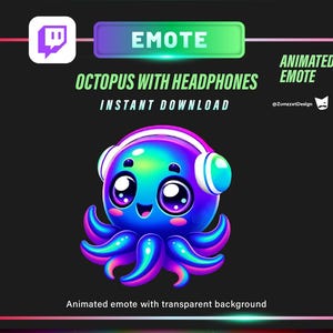 ANIMATED  Neon Dj Octopus with Headphones Emote for Twitch, Streamer, Gaming, Streaming, Stream Emotes, Dancing Emote, Glowing Emote