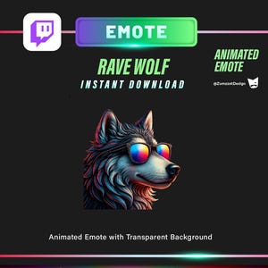 May include: Digital graphic of a wolf wearing rainbow-colored sunglasses. The text "RAVE WOLF" and "INSTANT DOWNLOAD" are displayed. The image is an animated emote with a transparent background, suitable for online use.