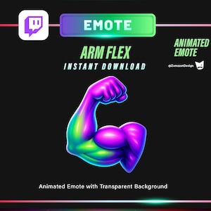 May include: Animated arm flex emote with a transparent background. The image features a stylized arm flexing, rendered in vibrant colors of purple, green, and blue. The design includes the text "ARM FLEX" and "INSTANT DOWNLOAD".