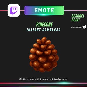 Può includere: Grafica digitale di una pigna marrone, etichettata "PINE CONE" con il testo "DOWNLOAD IMMEDIATO". L'immagine è progettata come un'emote di Twitch, con uno sfondo trasparente e include un logo Twitch e la parola "EMOTE".