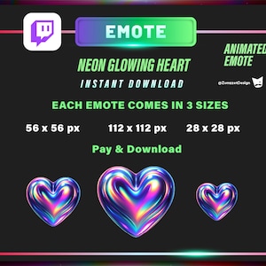 Puede incluir: Anuncio digital para un emote de coraz&oacute;n ne&oacute;n animado. La imagen presenta tres dise&ntilde;os de coraz&oacute;n en diferentes tama&ntilde;os: 56 x 56 px, 112 x 112 px y 28 x 28 px. El texto incluye "Descarga instant&aacute;nea" y "Pagar y descargar".