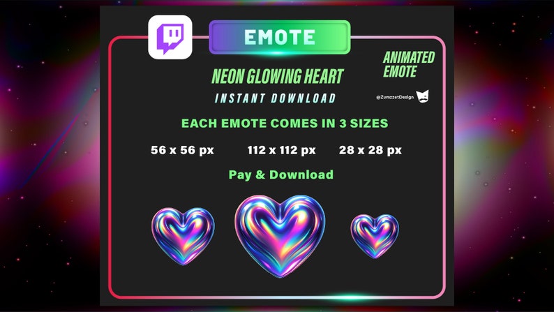 Puede incluir: Anuncio digital para un emote de coraz&oacute;n ne&oacute;n animado. La imagen presenta tres dise&ntilde;os de coraz&oacute;n en diferentes tama&ntilde;os: 56 x 56 px, 112 x 112 px y 28 x 28 px. El texto incluye "Descarga instant&aacute;nea" y "Pagar y descargar".