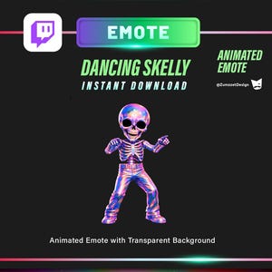 May include: Animated Twitch emote featuring a dancing skeleton with a holographic design. The text reads "Dancing Skelly" and "Instant Download". The background is black with a colorful, starry design. The emote is designed with a transparent background.