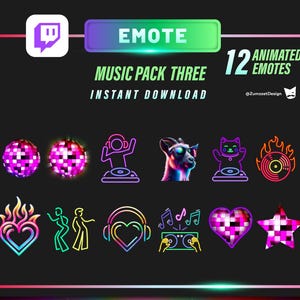 ANIMATED 12 Music Pack Emotes for Twitch, Streamer, Gaming, Streaming, Stream Emotes, Rave Emote, Music Emote, Party Emote