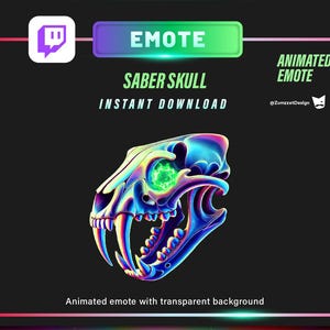 May include: Animated Twitch emote featuring a colorful, iridescent saber skull with a green eye. The text "Saber Skull" and "Instant Download" is displayed above the skull. The text "Animated Emote" is displayed in the top right corner.