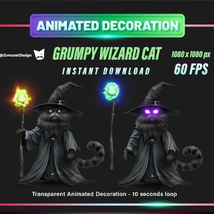 ANIMATED Grumpy Wizard Cat Decoration, Streamer Emotes, Cat Stream, Streaming, Stream Emotes, Halloween Emote, Spooky Emote
