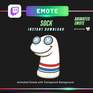 May include: Animated Twitch emote featuring a white sock with blue cross eyes and a smiling mouth. The sock has red and blue stripes. The word "EMOTE" is at the top, and "SOCK" is in the center. "Instant Download" is also displayed.