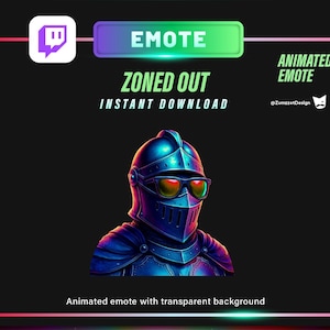 May include: Animated Twitch emote featuring a knight in blue armor and sunglasses, with the text "Zoned Out" and "Instant Download". The emote has a transparent background and is designed for streaming.
