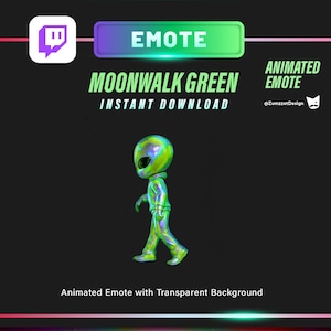 May include: Animated emote of a green alien walking. Text reads "MOONWALK GREEN" and "INSTANT DOWNLOAD". The background is black with a colourful, space-themed design. The word "EMOTE" is also displayed.