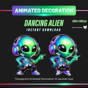 May include: Animated GIF of a green alien wearing headphones and a striped shirt dancing. The alien is 1080 pixels by 1080 pixels and the animation loops for 10 seconds.