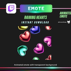 Peut inclure: Émoticône Twitch animée avec une collection de cœurs 3D colorés qui pleuvent. L'émoticône est intitulée "Raining Hearts" et comprend le texte "Téléchargement instantané" et "Émoticône animée avec un fond transparent".