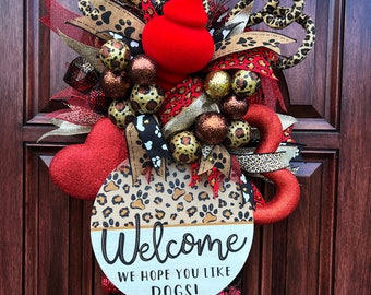 Valentine’s Day Red/Cheetah Dog Door Swag/ Dog Wreath/ Front Door/ Dog/ Dog Lovers
