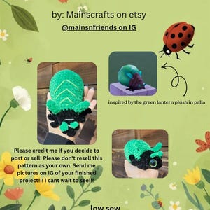 May include: A green and black plush bug with the text "Green Light Bug Plush" and "low sew beginner friendly". The image also includes a ladybird illustration and a small image of a green and purple plush.