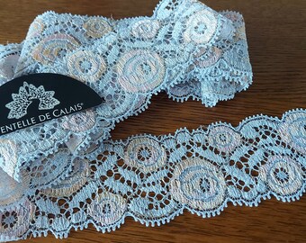 2 meters of beautiful pearl gray and salmon stretch Calais lace, couture lingerie creations