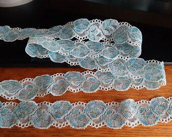 Ruban de  dentelle de Calais extensible turquoise ,matière  soyeuse, Coupon de 3m30 x 3 cm couture lingerie créations