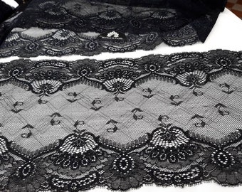 90 cm wide Black stretch Calais lace from the 1980s width 22 cm, gothic tulle fabric, lingerie couture