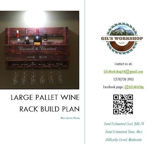 May include: A DIY project plan for building a large pallet wine rack. The plan includes instructions for building a wooden rack with a shelf for wine bottles and a lower shelf for wine glasses. The plan is labelled "Pro Level Plan" and includes an estimated cost of £37.75, an estimated time of 4 hours, and a difficulty level of moderate.