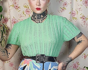 Vintage Handknit Short Sleeve Jumper – Pastel Mint Openwork, 80s Does 50s