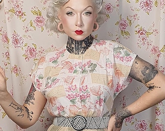 Vintage Rayon Sleeveless Blouse – Novelty Romantic Print, UK12