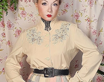 Vintage butter yellow lace insert longsleeve collar cotton shirt blouse -UK12-14+ - 1940s 1950s style - 80s does 50s floral embroidery