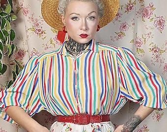 Vintage edwardian boardwalk style striped primary color pointy collar bishop sleeve blouse- UK12 - 16+ -1940s 1950s style- rayon crepe top