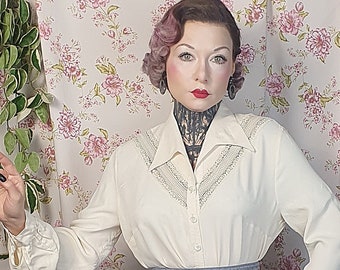 Chemisier Betty Barclay brodé en dentelle crème vintage - Style des années 40 - Années 50 - Années 80 - Broderie des années 50, grande taille volup