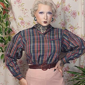 Soft cotton blend dark jewel tone plaid puff sleeve pointy collar blouse -UK10-12+ - 1940s 1950s workwear style cotton wide sleeve top