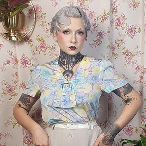 Vintage blue green pink yellow pastel floral print puffy shoulder 30s style blouse - UK 8- 10 - 1930s 1940s style- 80s does 50s puffy sleeve
