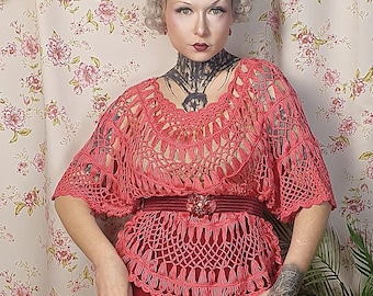 Vintage Crochet Cape Blouse – 1930s Style, Salmon Pink Openwork Knit