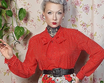 Vintage red white polka-dot longsleeve pussybow bishop sleeve shirt - UK10-14 - 80s does 50s white red top - longsleeve polka dot shirt