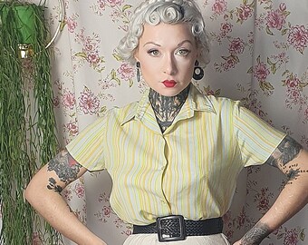 Vintage white bright pastel striped workwear style pointy collared blouse -UK8-12 - 70s does 40s casual style striped top - 1940s 1950s