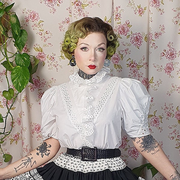 Vintage white openwork embroidery detail large collar blouse - UK12 - 1940s 1950s style - 80s does 50s white plus size volup white top