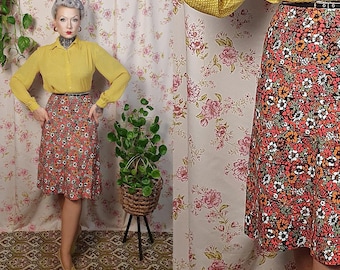 Rayon A line swing floral autumnal brown orange green romantic swing skirt - UK 6 - 1940s 1950s style - vintage 80s does 50s swing skirt