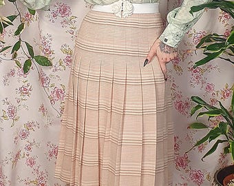 Beige pink A line pleated striped rayon blend skirt - UK8 - 1940s 1950s style - 80s does 50s high waist romantic pleat skirt