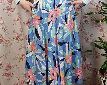 Vintage 80s Hawaiian Floral Cotton Skirt – Tiki Print Swing Skirt, UK 8-10