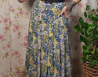 Romantic pastel yellow blue purple floral paisley print crepe pleated 40s style skirt - UK 6-8 - 1940s 1950s style - 80s does 40s swing