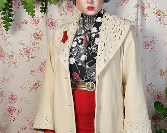 Vintage Milk White Wool Coat – Lace Cut-Out Collar, 80s Does 50s, UK 10-12