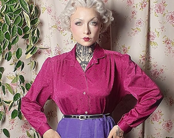 Vintage deep fuchsia bishop sleeve longsleeve abstract print collar blouse - UK12-14+ - 1940s 1950s style - 80s does 50s collar top