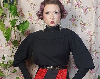 Vintage black leg-o-mutton sleeve mockneck blouse -UK8-10- 1930s 1940s style - edwardian blouse-victorian goth blouse - historical costuming